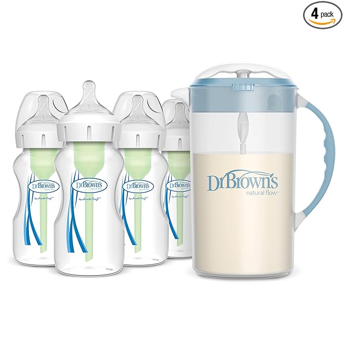 Dr. Brown's Baby Formula Mixing Pitcher 32oz, Blue with Anti-Colic Options+ Wide-Neck Baby Bottles, 4 Pack, 9 oz