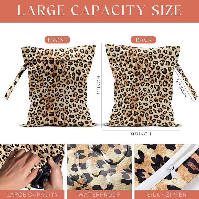 4 Pack Neon Leopard Print Wet Bag Waterproof Washable Reusable Wet Dry Bag for Swimsuit Dirty Clothes Diaper Travel Pool Beach Yoga Gym Travel Birthday Christmas Bachelorette Party Camping Toiletries