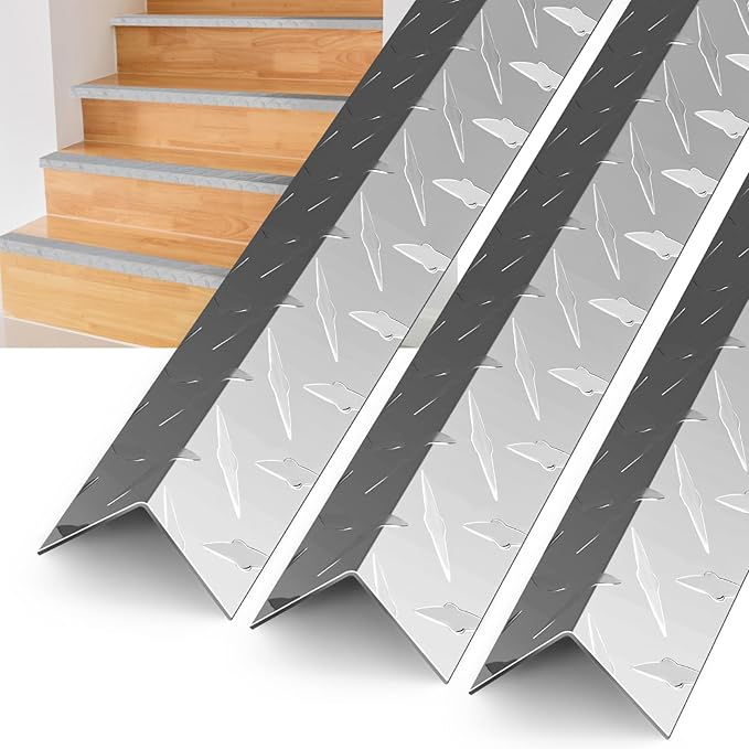 Gisafai 4 Pcs Aluminum Stair Nosing 1.5"x 1.5"x 48" Diamond Plate Non Slip Window Sill Nosing Plate Metal Staircase Ledge Guard Stair Edge Protector for Wall Edge Corner Guard Angle Silver