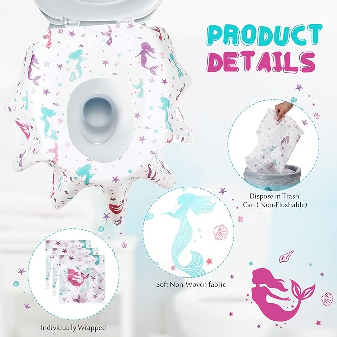 Kosiz 50 Pcs Toilet Seat Covers Disposable Extra Large Toddler Toilet Covers for Kids Adults in Public Restroom, Individually Wrapped Portable Toddler Potty Training Toilet Seat Covers (Mermaid)