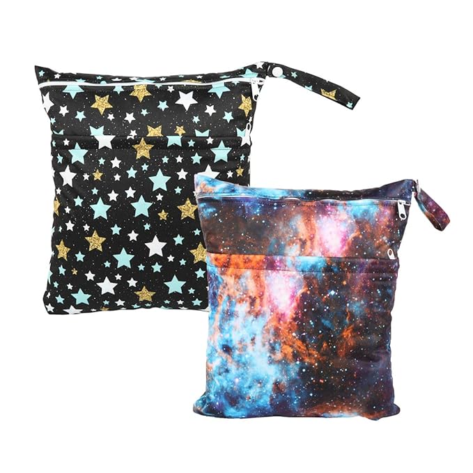 2 Wet Bags Reusable Diaper Nappy Waterproof With Two Zippered Pockets (Stars and Galaxy)