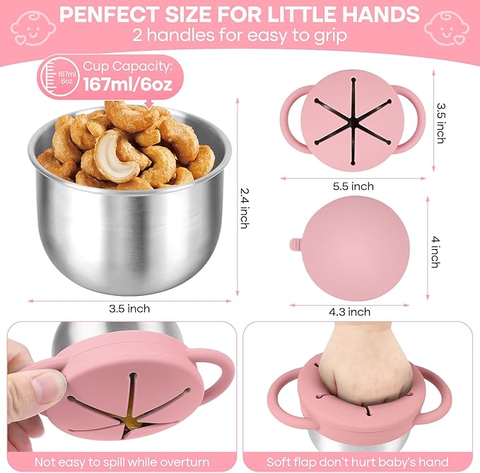 2-Pack Stainless Steel Snack Cup for Toddlers Spill-Proof, Baby Food Containers with Removable Silicone Lids & Handles | Dishwasher Safe, BPA-Free On-the-Go Kids Snack Containers Box