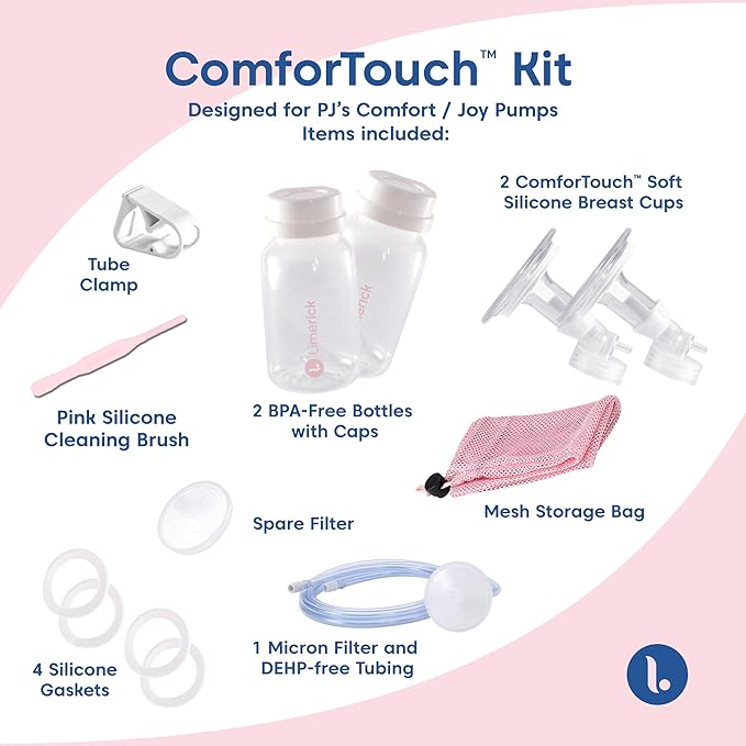 Limerick ComforTouch Kit, Complete Kit for PJ's Comfort & Joy Standard Breast Pumps, Includes 2 Silicone Breast Cups, 2 BPA-Free Bottles, 4 Silicone Gaskets, & 1-Micron Filter with DEHP-Free Tubing