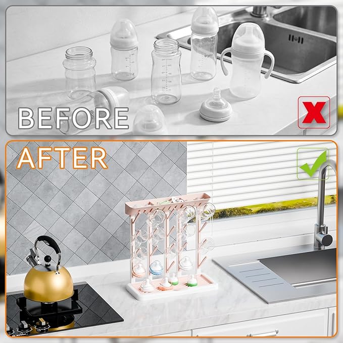 Yieach Larger Baby Bottles Drying Rack for 20 Bottles,Space Saving Feeding Drying Rack for Baby Bottles for Countertop,Vertical Baby Bottle Holder & Storage Station for Pacifiers,Breast Pump,Pink