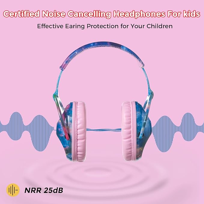 Kids Hearing Protection,25dB NRR Noise Reduction,Sound Proof for Kids,Toddler,Safety Earmuffs for Concert,Airplane,Autism,Monster Jam,Travel,School-Pink Blue Galaxy