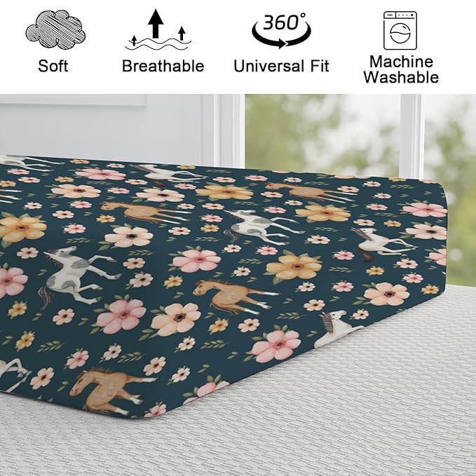 Watercolor Horse Boho Floral Changing Pad Cover Cute Horses Baby Diaper Change Table Pad Cover for Boys Girls Soft Breathable Stretch Snug Fitted Diaper Changing Mat Sheets Covers 32''x16'' Navy