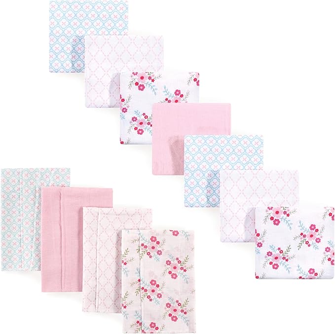 Luvable Friends Unisex Baby Cotton Flannel Burp Cloths and Receiving Blankets, 11-Piece, Floral, One Size