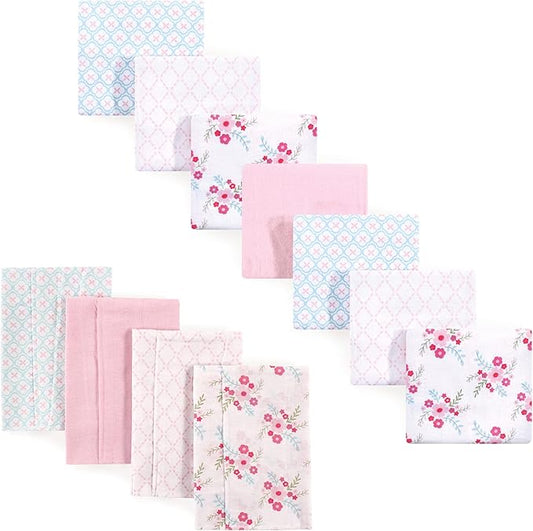 Luvable Friends Unisex Baby Cotton Flannel Burp Cloths and Receiving Blankets, 11-Piece, Floral, One Size