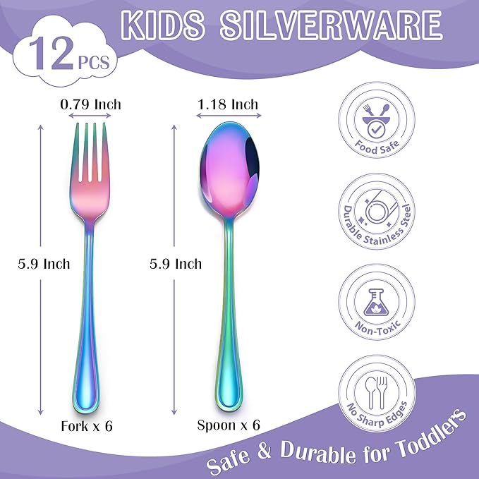 E-far 12-Piece Toddler Silverware, Stainless Steel Kids Utensils Forks and Spoons, Children Safe Mirror Polished Metal Cutlery Set for Self Feeding, 6 Forks & 6 Spoons(Rainbow)