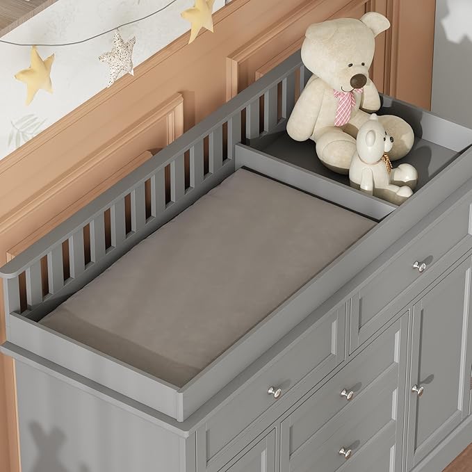 Nursery Dresser with Changing Table Top, 46" W Baby Dresser with 2 Drawers, Laundry Basket & Raised Guard, Infant Diaper Changing Storage Organize Station for Nursery and Baby Bedroom, Grey