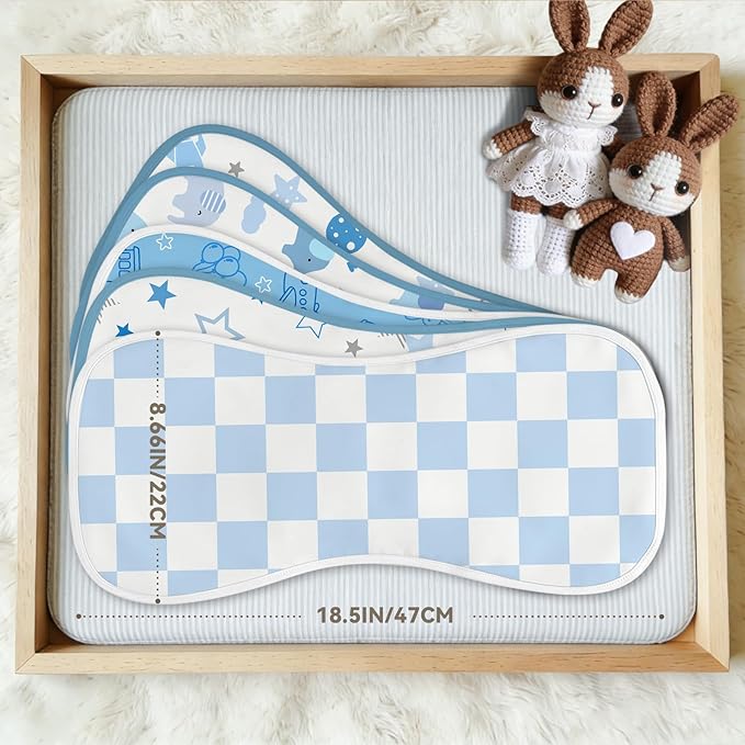 5 Pack Burp Cloths Organic Cotton, Blue Baby Burp Cloths Boy Girl, Absorbent Baby Burping Cloth, Soft Burping Cloth Set for Feeding, New Mom Gifts for Newborns Essentials Gift Set, 19”x9”