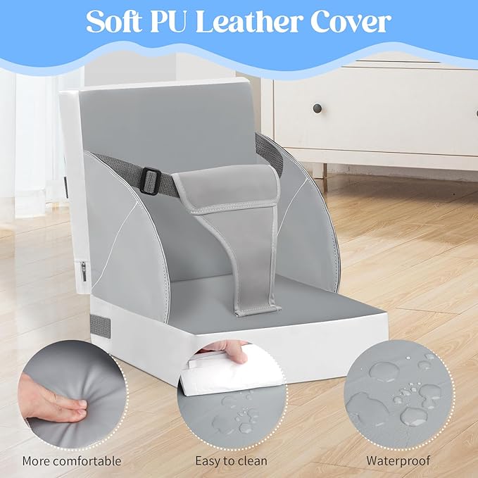 Toddler Booster Seat for Kitchen Chair Dining Table, PU Waterproof Strong Support Portable Booster Chair for Toddlers Eating, Easy Cleaning Booster Seat Cushion Detachable with Adjustable Straps