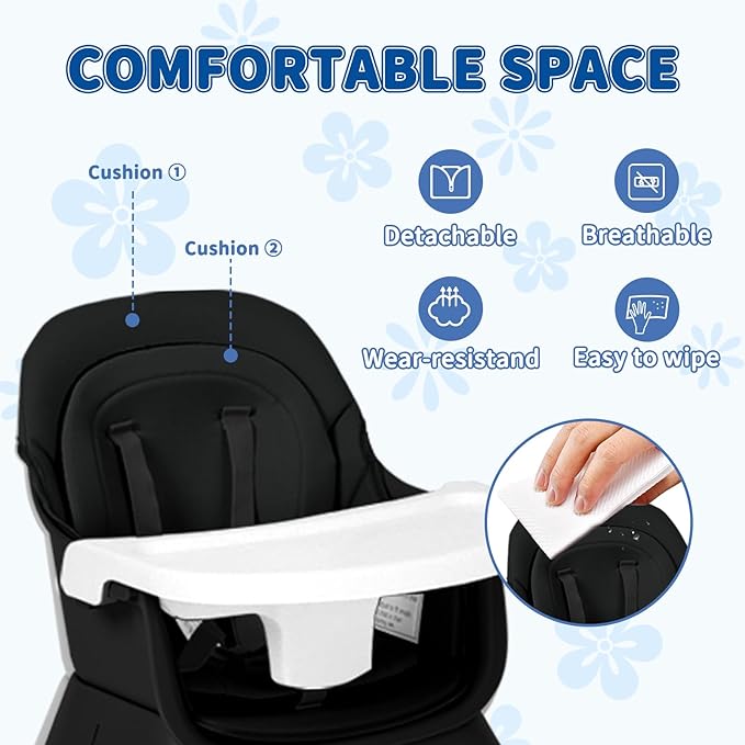 Kinder King 8 in 1 Baby High Chair, Coverts to Dining Booster Seat/Kids Table & Chair Set/Toddler Building Block Table/Kids Stool, Removable Tray & Double Seat Cover, Easy to Wipe, Black & White