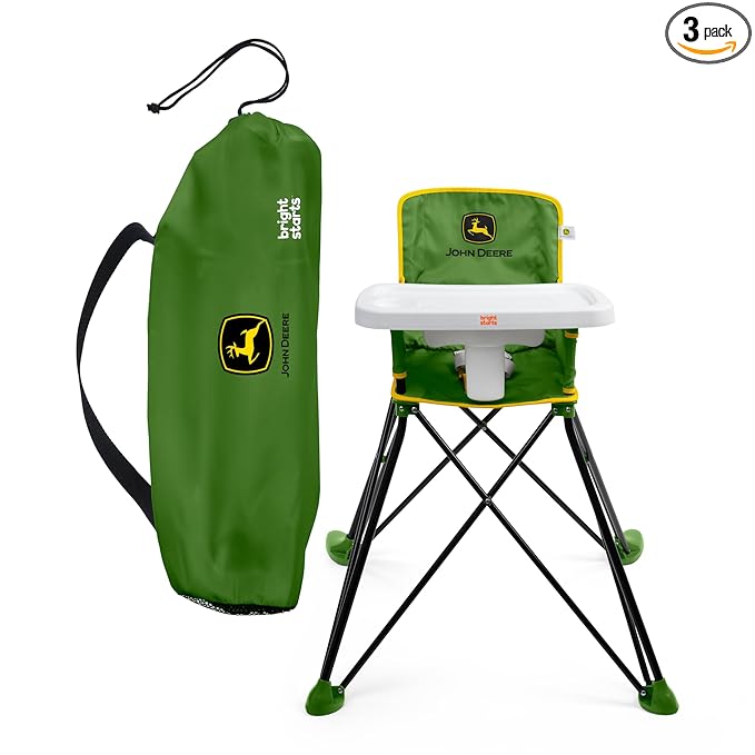 Bright Starts John Deere Pop 'N Dine Portable High Chair, Indoor/Outdoor, Dishwasher Safe Tray, Easy to Fold, Unisex, Green, 6 Months +