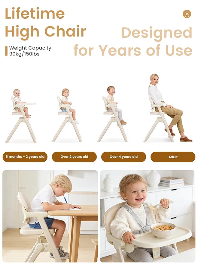 High Chairs for Babies and Toddlers, Baby High Chair Adjustable Height, Dining Chair with Removable Tray, Ergonomic Toddler Feeding Seat, Sturdy & Durable Construction, Beige