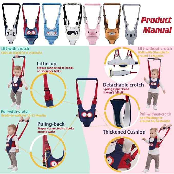 Baby Walking Harness, Handheld Kids Walker Helper, New Upgrade Breathable and Adjustable Toddler Infant Walker Harness Assistant Belt with Instructions for 7-24 Month (Gray)