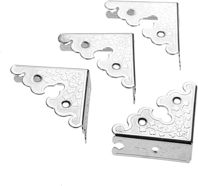dophee 8Pcs Decorative Corner Protectors, Retro Style Edge Safety Guards Covers for Picture Frame Album Jewelry Box Gift Box Wooden Case Chest Tables Cabinet Furniture, 1.34"x1.34"-Silver