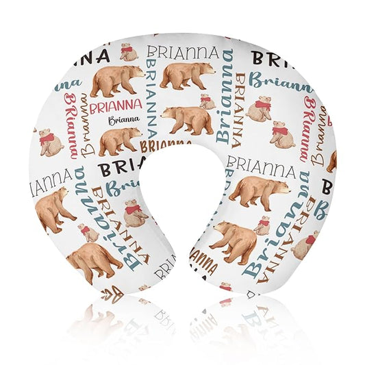 Baby Nursing Pillow Cover - Personalized Name Breastfeeding Pillow Cover with Bear Pattern, Stretchy Removable U-Shaped for New Moms, Soft Breathable Slipcover for Infant Boys Girls