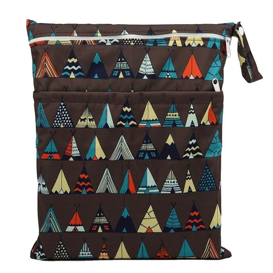 Medium Wet Dry Bag Baby Cloth Diaper Nappy Insert Bag Reusable Washable With Two Zippered Pockets (Teepee)