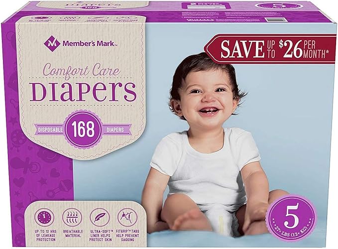 Member's Mark Comfort Care Baby Diapers Size 5-168 Count (27+lbs.)