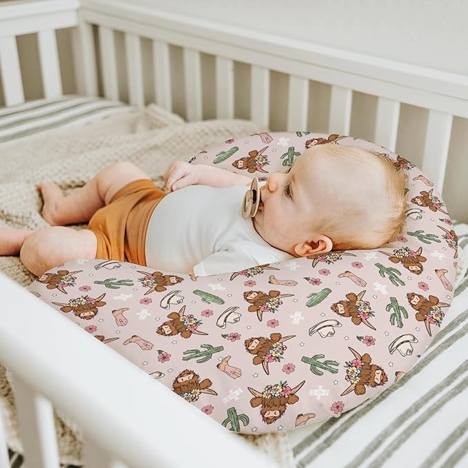 Highland Cows Cactus Baby Nursing Pillow Covers for Boy Girl Pink Western Cowgirl Boots Hats Yak Floral Nursery Pillowcase for Breastfeeding Pillows Wild West Soft Stretchy Slipcovers for Newborn