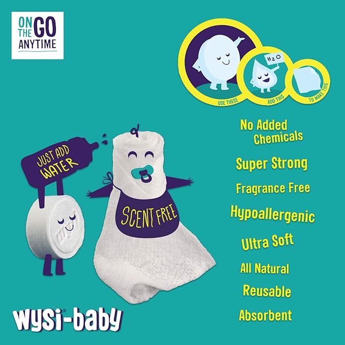 Wysi Baby Starter Kit Multi-Purpose Expandable Wipes & Travel Tube - Just Add Water - 100 Compressed Tablets - All Natural Reusable Wipes & Towellettes - Hypoallergenic - Compostable - Gentle