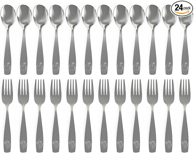 CHILLOUT LIFE Stainless Steel Kids Silverware Set 24 Pieces (2 Pack of 12) - Child and Toddler Safe Flatware - Kids Utensil Set - Metal Kids Cutlery Set (Includes 12 Small Kids Spoons & Kids 12 Forks)