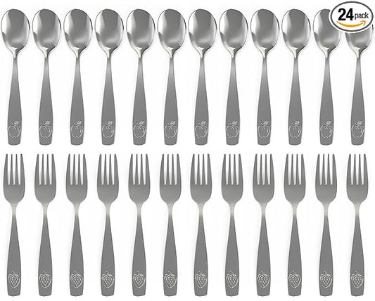 CHILLOUT LIFE Stainless Steel Kids Silverware Set 24 Pieces (2 Pack of 12) - Child and Toddler Safe Flatware - Kids Utensil Set - Metal Kids Cutlery Set (Includes 12 Small Kids Spoons & Kids 12 Forks)