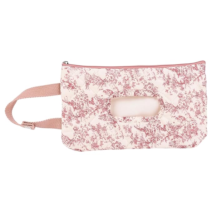 Quilted Baby Wipe Holder, Canvas Floral Quilted Pouch with Hanging Strap, Portable Diaper Wipe Holder for Travel Stroller-Classic Pink