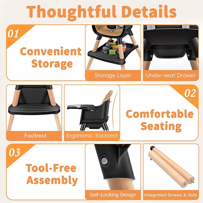 Babyliebe Baby High Chair, 8 in 1 Convertible Wooden High Chair for Babies and Toddlers, Converts to Booster Seat, Toddler Chair & Stool, with Removable Double Tray, Adjustable Legs & Footrest (Brown)