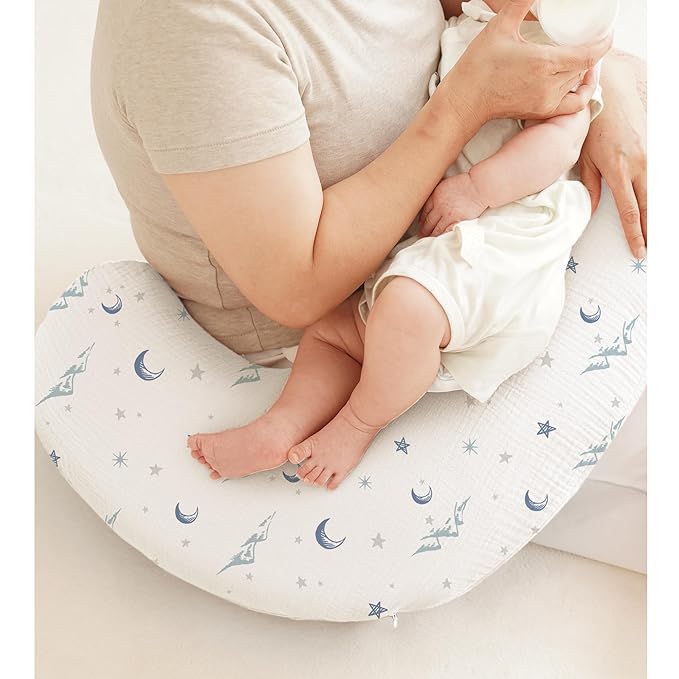 Muslin Nursing Pillow Covers, 2 Pack, Soft & Adorable Slipcovers with Zipper Closure, 100% Cotton Covers for Breastfeeding Pillows (Blue, Moons)