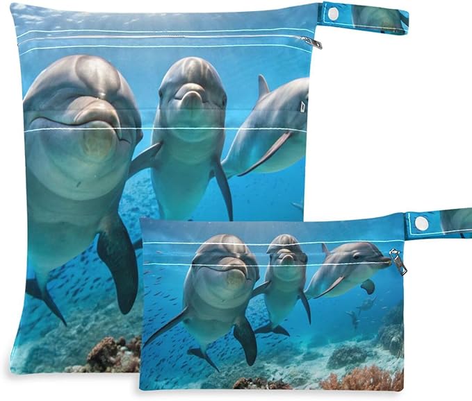 Three Cute Dolphins Wet Dry Bags Set of 2, Reusable Waterproof Organizer with Zipper Pockets for Baby Diapers, Swimsuits, Beach Travel Toiletries Storage