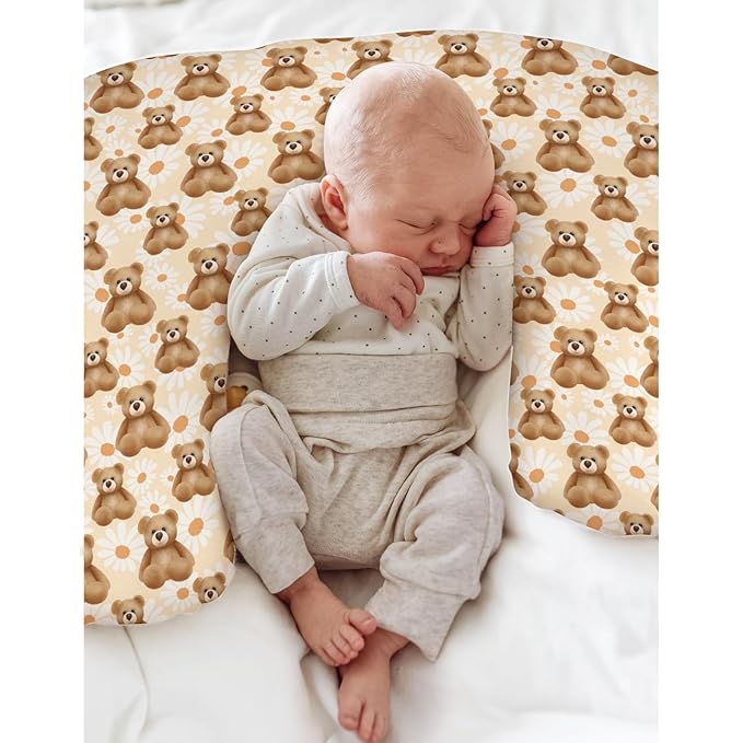 Vintage Bear Daisy Baby Nursing Pillow Covers for Boy Girl Retro Bears Boho Floral Nursing Slipcovers for Breastfeeding Pillows Boho Animals Soft Stretchy Removable Covers for Newborn Infant