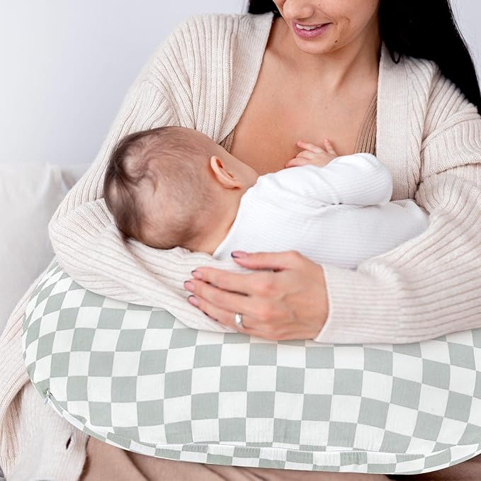 DILIMI Muslin Nursing Pillow Cover 2 Pack, Removable Nursing Cover for Breastfeeding Pillows, Ultra Soft Comfortable Slipcover for Baby Girl and Boy, Green and Checkered