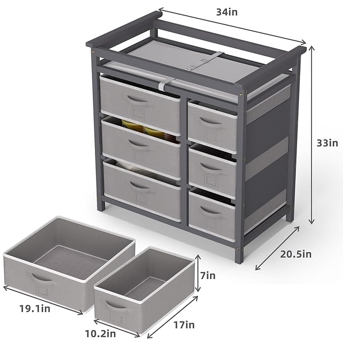 Glaf Baby Changing Table with 6 Storage Drawers and Pad Topper Modern Diaper Change Station Changing Table Dresser for Newborn Baby and Infant (Grey)