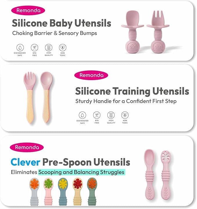 Remonda 17-Piece BPA-Free Baby Silicone Feeding Set | Extra Large Suction Plates, Toddler Bowls, Self Feeding Spoons, and More | Dishwasher Safe| Infant Led Weaning Supplies（Pink）A