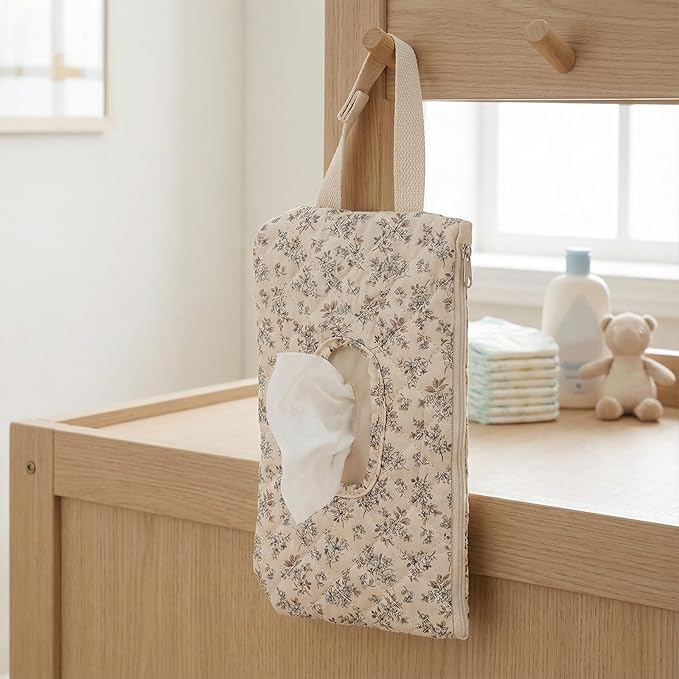 Quilted Baby Wipe Holder, Canvas Floral Quilted Pouch with Hanging Strap, Portable Diaper Wipe Holder for Travel Stroller-Hibiscus