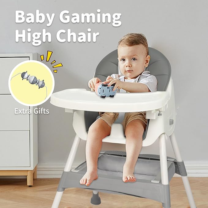 Baby High Chair for Toddler, Foldable High Chair for Dining Table Highchair with 5 Point Harness Seat Removable Adjustable Tray Portable Baby Dinning Chair with Lockable Wheels Easy to Clean Surface