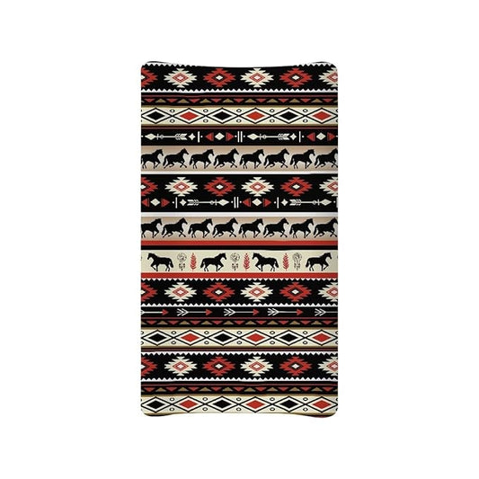 Aztec Horse Changing Pad Cover Washable Western Style Diaper Change Table Covers, Soft Stretchy Safe Snug Fitted Changing Mat Sheet Fit 32"/34" x 16"
