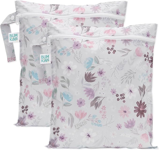 Bumkins - Waterproof Wet Bag - For Baby, Travel, Swim Suit, Cloth Diapers, Pump Parts, Pool, Gym, Toiletry, Strap to Stroller - Reusable & Easy to Clean - 2pk - Floral Gray