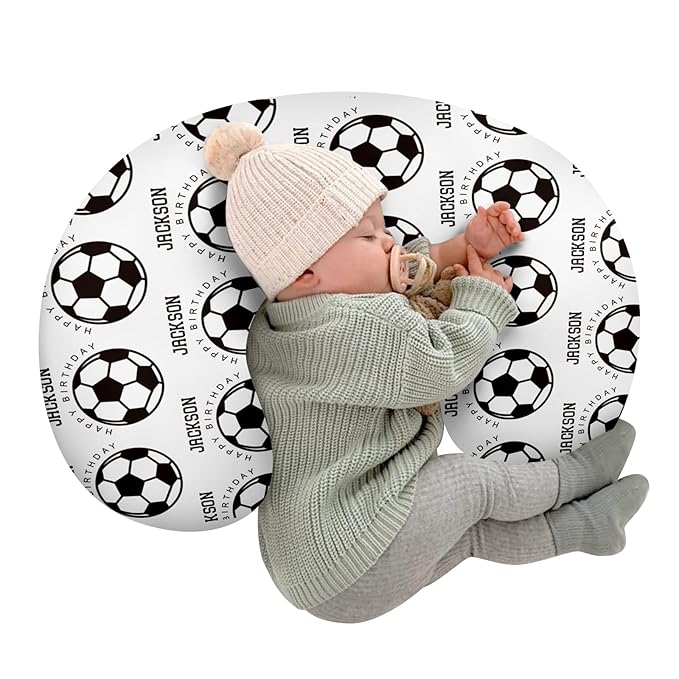 Baby Nursing Pillow Cover - Personalized Name White Soccer Theme Breastfeeding U-Shaped for Bottle Feeding, Ultra Soft Comfortable Breastfeeding Pillow Cover for Infant Baby Boys and Girls