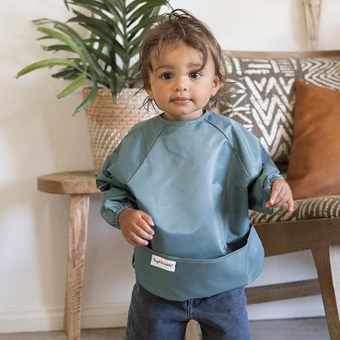 Tiny Twinkle Long Sleeve Bib for Babies & Toddlers | 2-Pack Waterproof Smock Bib for Eating | Machine Washable & Mess-Proof Feeding Essentials | Newborn Shower Gift (Slate Olive,2-4Y)