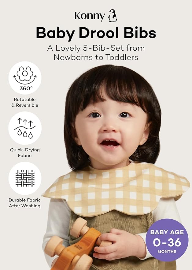 Konny Baby Bib 3/5/7-Pack Set, 360 ° Rotate, Soft and Absorbent Drooling for Toddler Boys Girls Baby Essentials