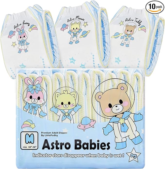 Littleforbig Printed Adult Brief Diapers 10 Pieces - Astro Babies (Medium 28"-38")