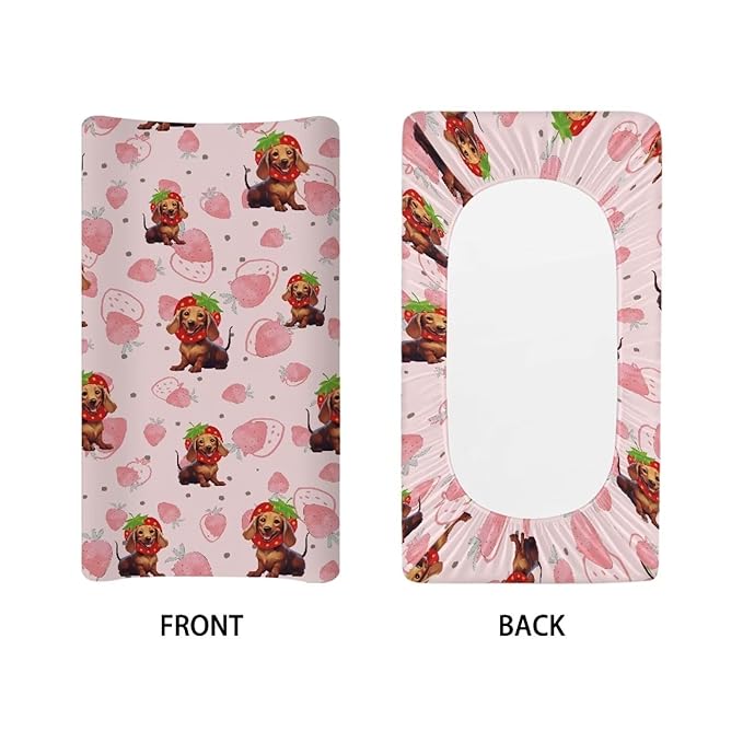 Strawberry Wiener Dog Baby Changing Pad Cover Ultra Soft Stretchy Diaper Changing Table Pad Cover for Girls Boys Breathable Nursery Changing Table Sheets Cover