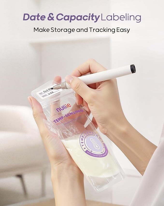 Nuliie 80pcs Temp-Sensing Breastmilk Storage Bag, Huge Temp-Sensing Icon & Locking Clamp, 6oz Breast Milk Storage Bags Freezer Pour Spout, Self Standing Milk Storage Bags Breastmilk, BPA-Free No-Leak