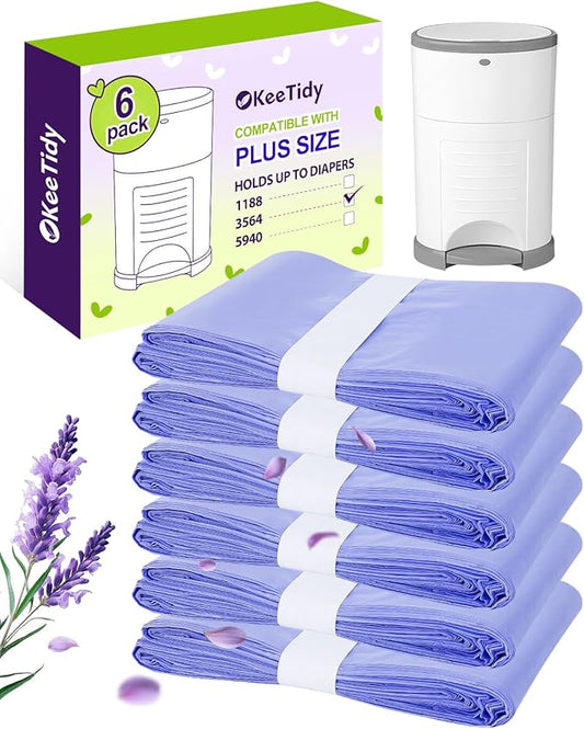 Diaper Pail Refill Bags Compatible with DEKOR PLUS Diaper Pails, 20% Extra Length Diaper Bags Disposable with Lavender Flavor, Holds up to 3564 Diapers, 6 Pack