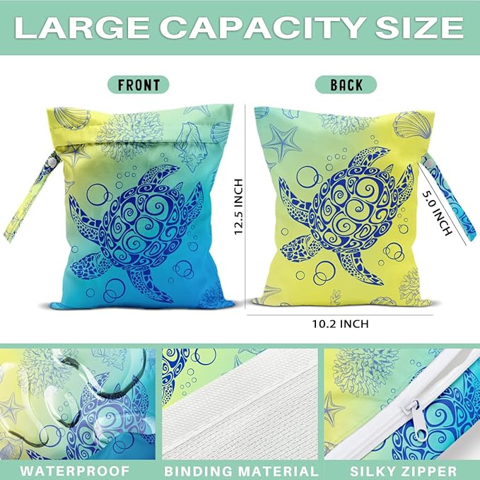 Wet Dry Bag for Swimsuit and Towels for Swimsuit Travel Beach Pool Diapers Dirty Yoga Gym Clothes Hook to Stroller Makeup Bag Waterproof Turtle Ocean Element Decor