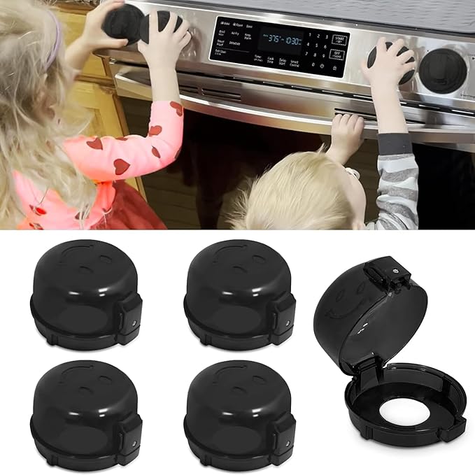 Childproof Stove Knob Covers, Oven Knob Covers for Child Safety 5 Pack, Black Stove Knob Safety Covers & Gas Stove Locks, Heat-Resistant Adhesive, Double-Key Baby Proof Covers for Gas/Electric Burners