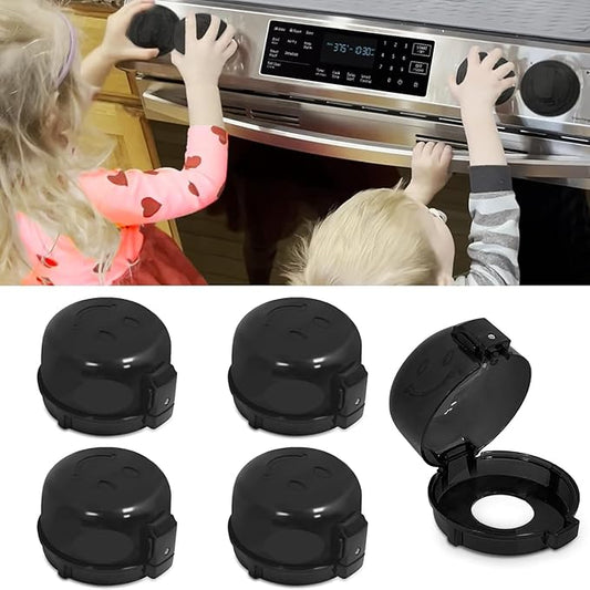 Childproof Stove Knob Covers, Oven Knob Covers for Child Safety 5 Pack, Black Stove Knob Safety Covers & Gas Stove Locks, Heat-Resistant Adhesive, Double-Key Baby Proof Covers for Gas/Electric Burners